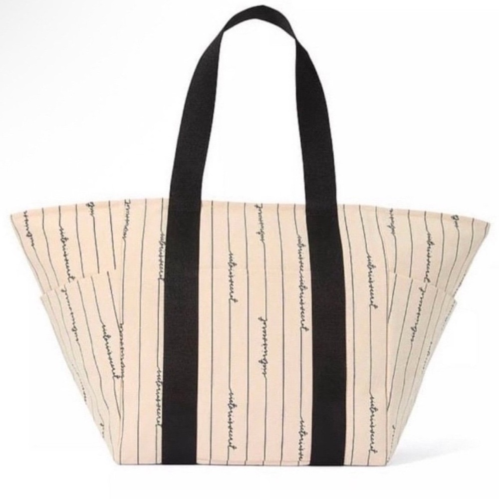 Victoria's Secret Cream Stripe Canvas Tote with Black Handles
